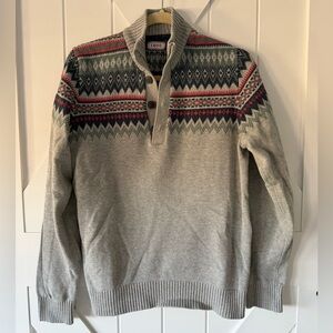 Izod Gray Fair Isle Zip-Style Shawl Collar Sweater with Red & Navy Accents